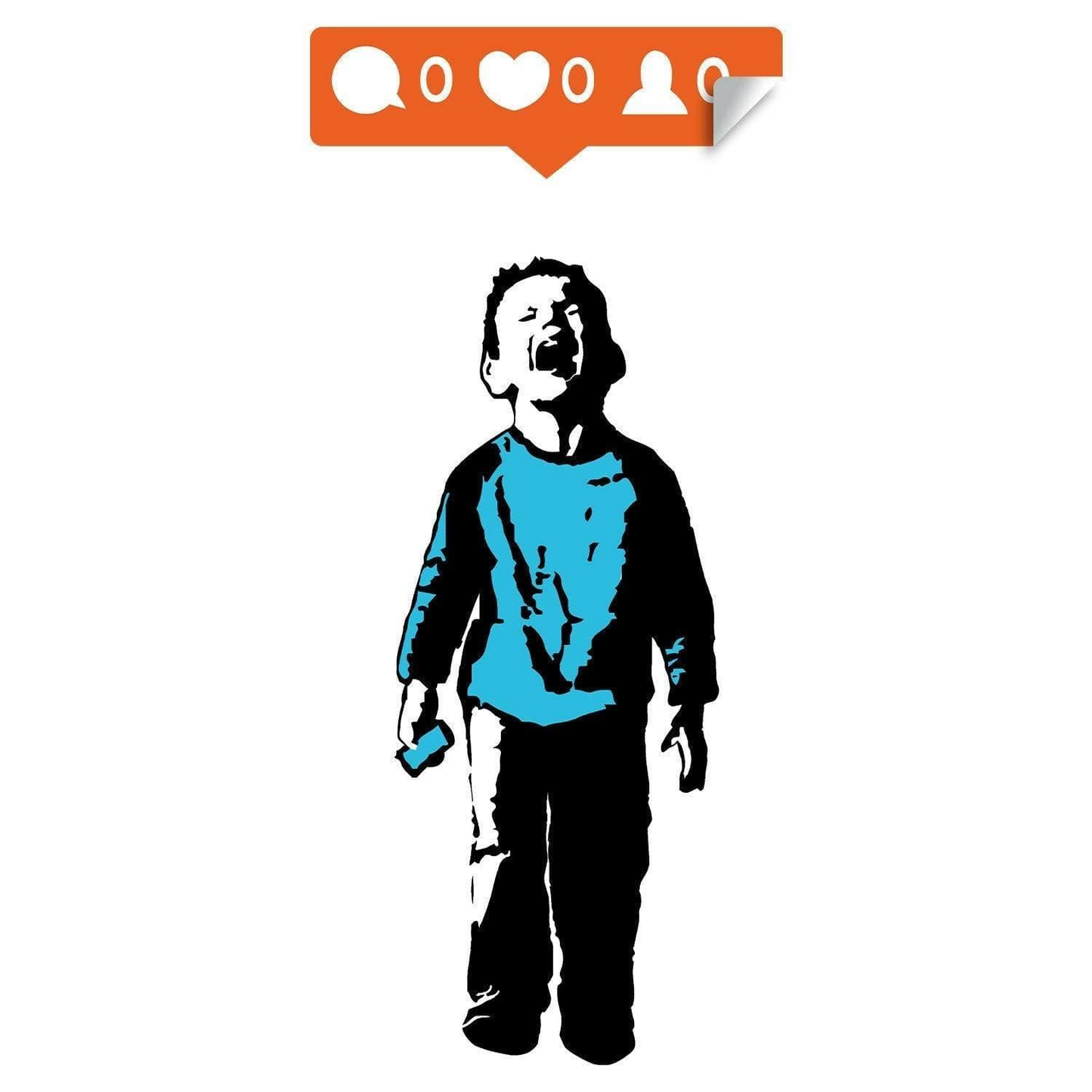 Banksy Crying Boy Wall Sticker - Street Art Graffiti Facebook Social Media Decal - Kid With Cellphone Hand Phone Laptop Mac Mural Die Cut