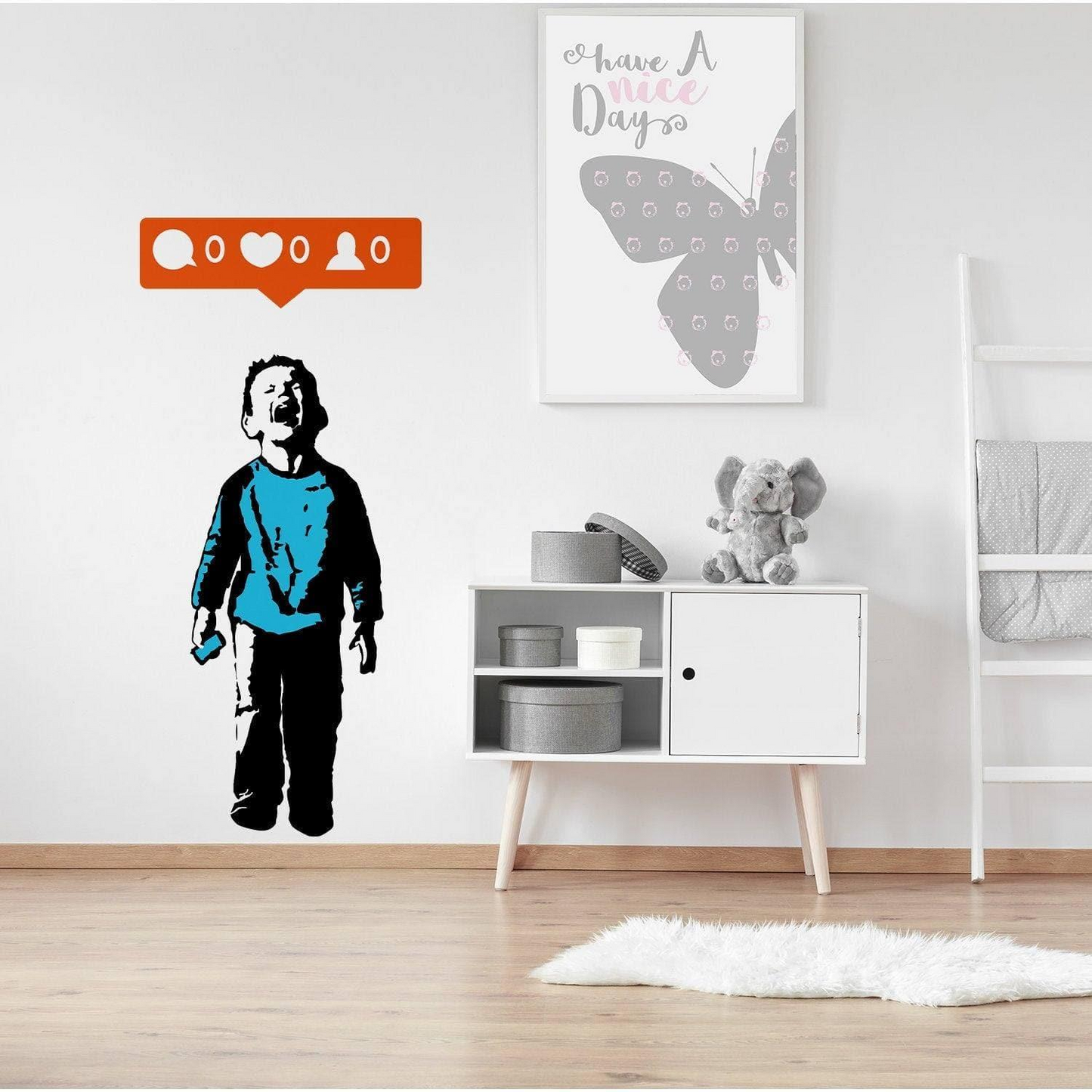 Banksy Crying Boy Wall Sticker - Street Art Graffiti Facebook Social Media Decal - Kid With Cellphone Hand Phone Laptop Mac Mural Die Cut