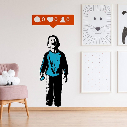 Banksy Crying Boy Wall Sticker - Street Art Graffiti Facebook Social Media Decal - Kid With Cellphone Hand Phone Laptop Mac Mural Die Cut