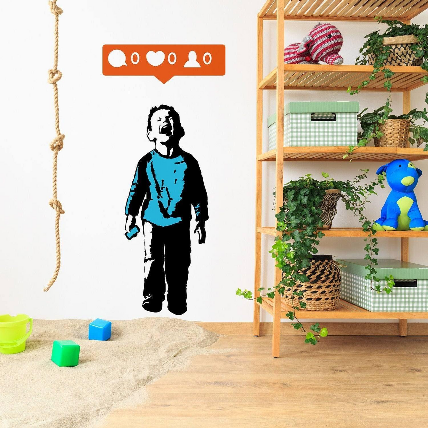 Banksy Crying Boy Wall Sticker - Street Art Graffiti Facebook Social Media Decal - Kid With Cellphone Hand Phone Laptop Mac Mural Die Cut