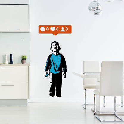Banksy Crying Boy Wall Sticker - Street Art Graffiti Facebook Social Media Decal - Kid With Cellphone Hand Phone Laptop Mac Mural Die Cut