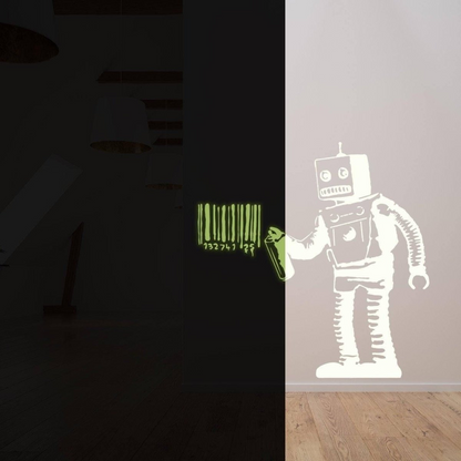 Glow In The Dark Wall Vinyl Sticker Art - Luminescent Neon Night Glowing Light Decal Kid Room Stick - Banksy Barcode Robot Street Graffiti