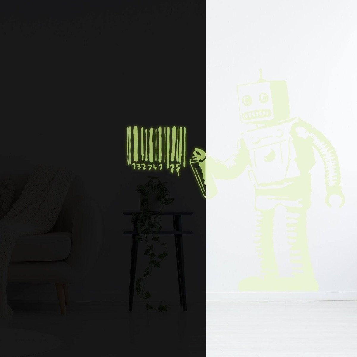 Glow In The Dark Wall Vinyl Sticker Art - Luminescent Neon Night Glowing Light Decal Kid Room Stick - Banksy Barcode Robot Street Graffiti
