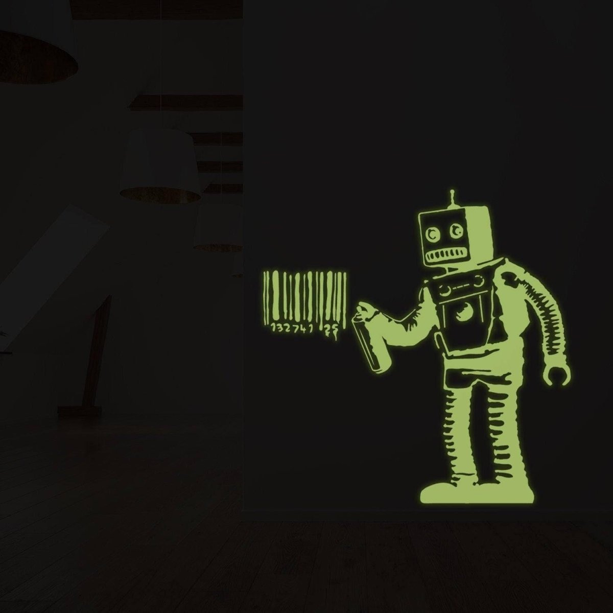 Glow In The Dark Wall Vinyl Sticker Art - Luminescent Neon Night Glowing Light Decal Kid Room Stick - Banksy Barcode Robot Street Graffiti