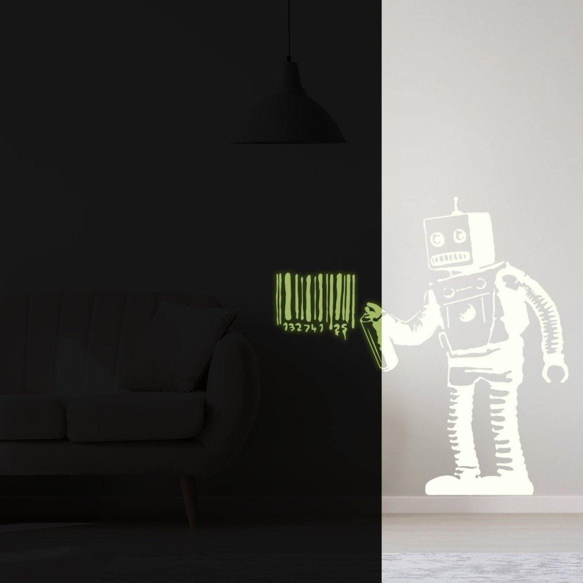 Glow In The Dark Wall Vinyl Sticker Art - Luminescent Neon Night Glowing Light Decal Kid Room Stick - Banksy Barcode Robot Street Graffiti
