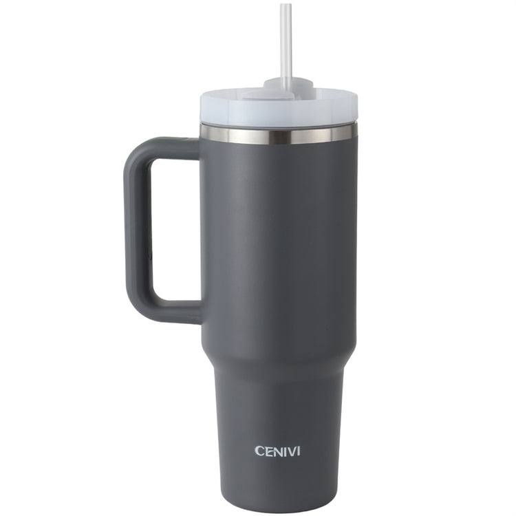 a grey mug with a straw