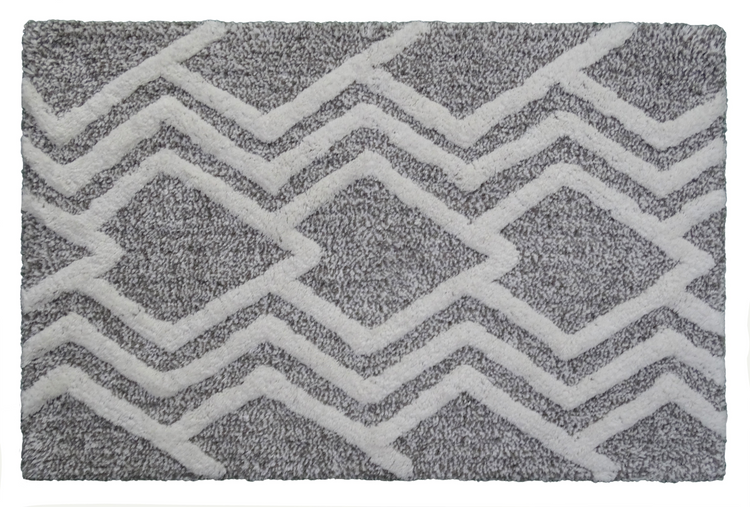 a grey and white rug with white lines