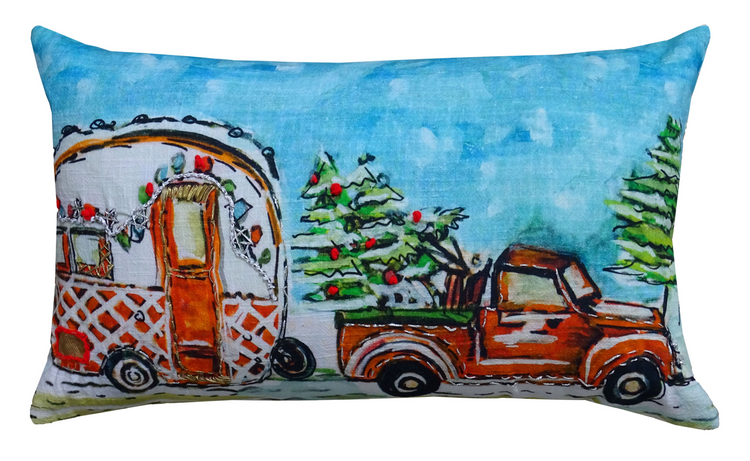 a pillow with a painting of a truck and a christmas tree