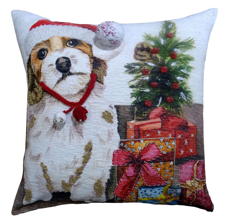 a pillow with a picture of a dog and a tree