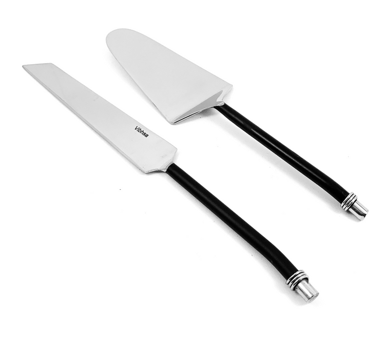 a pair of silver and black spatulas