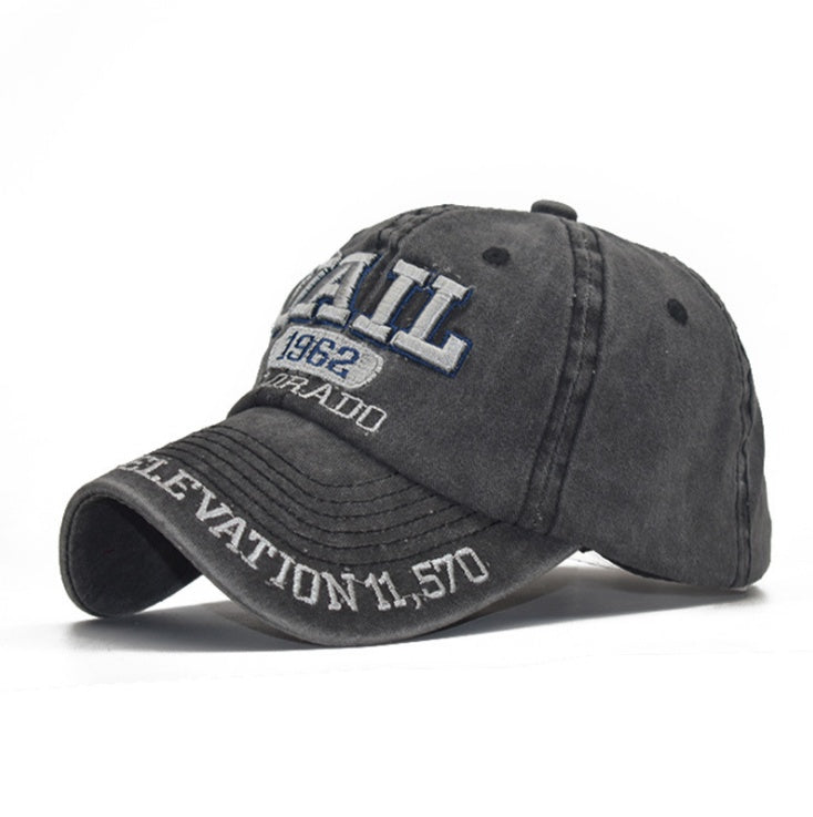 a black baseball cap with white text