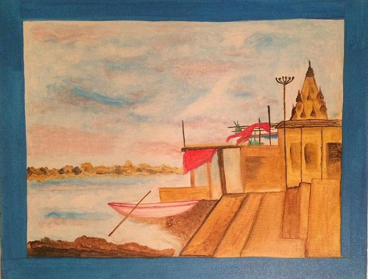 a painting of a building and a boat on the water