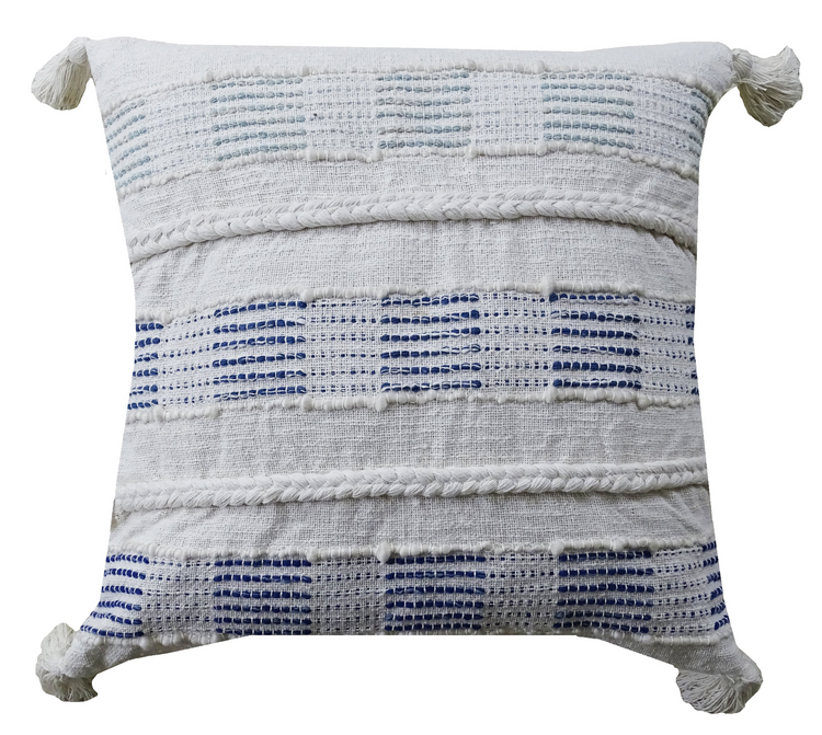 a white and blue pillow