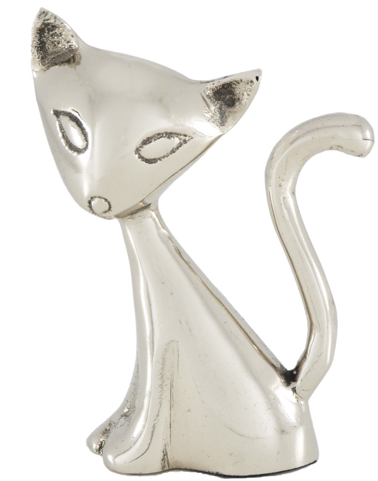 a silver cat statue on a white background