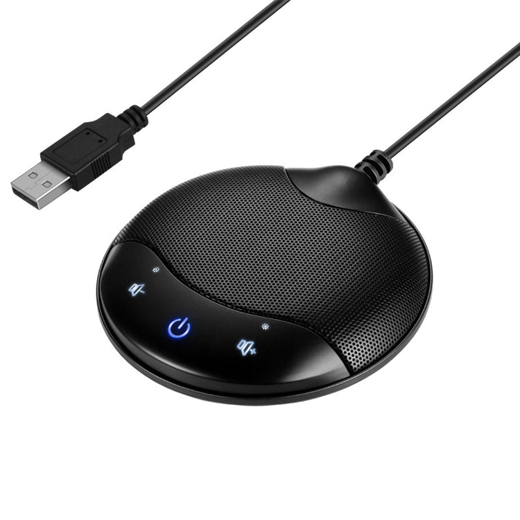 a round black speaker with a blue light and a usb cable