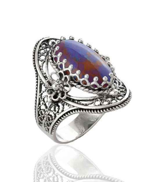 Mojave Turquoise Gemstone Sterling Silver Women Statement Ring with Daisy Figures
