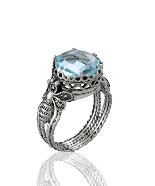 Bee Detailed Blue Topaz Gemstone Filigree Art Women Silver Cocktail Ring