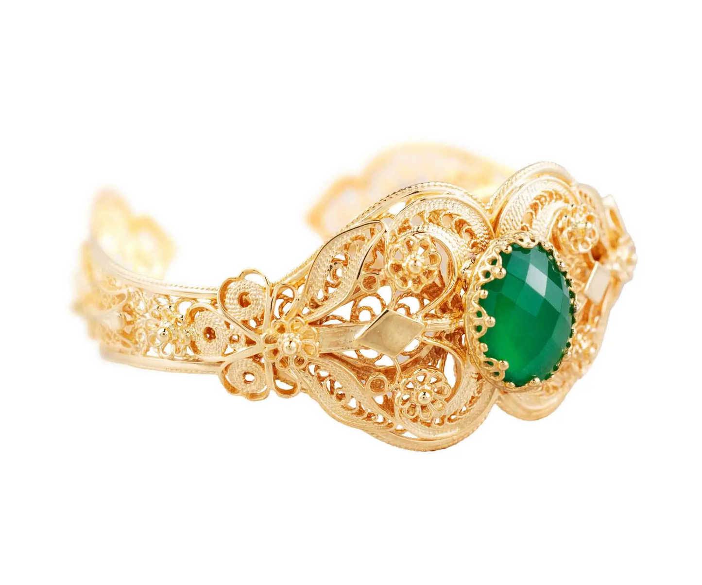Gold Plated Sterling Silver Filigree Art Green Agate Gemstone Women Cuff Bracelet