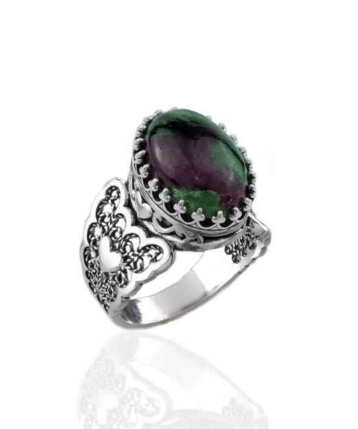 Ruby Zoisite Gemstone Double Heart Detailed Filigree Art 925 Sterling Silver Women Statement Ring