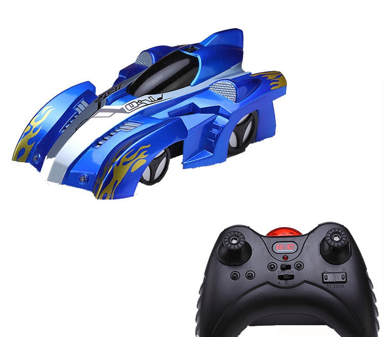 a blue toy car and black remote control