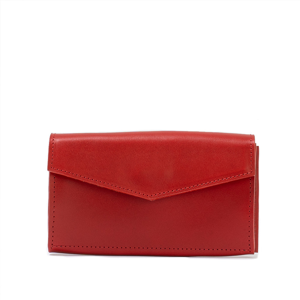 a red leather wallet on a white background