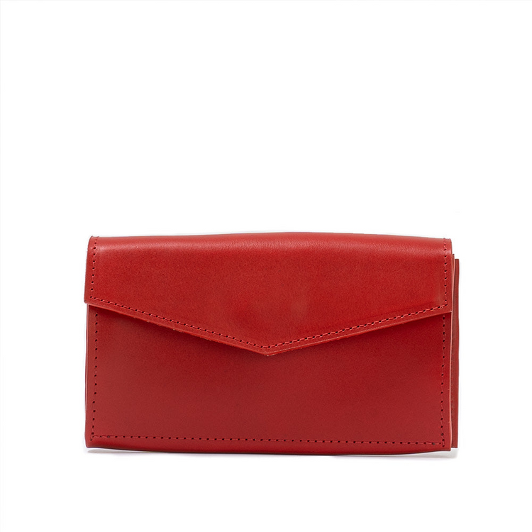a red leather wallet on a white background