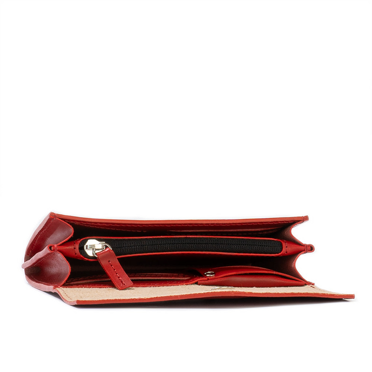 a red wallet with a zipper