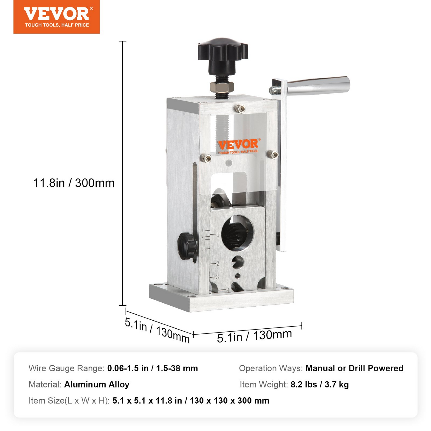 VEVOR Manual Wire Stripping Machine, 0.06''-1.5'' Copper Stripper with Hand Crank or Drill Powered, Visible Stripping Depth Reference, Portable Aluminum Frame Wire Peeler for Scrap Copper Recycling