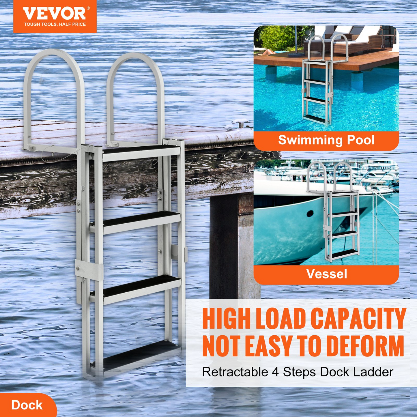 VEVOR Dock Ladder, Retractable 4 Steps, 350 lbs Load Capacity, Aluminum Alloy Pontoon Boat Ladder with 55.1''-67.1'' Adjustable Height, 4'' Wide Step & Rubber Mat, for Ship/Lake/Pool/Marine Boarding