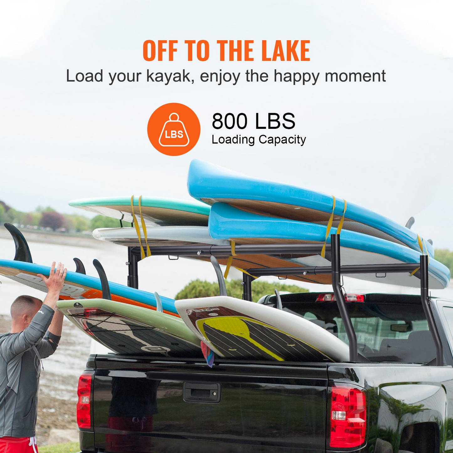 VEVOR Truck Rack, 46-71inch Extendable Truck Ladder Rack, 800 lbs Capacity Steel Ladder Rack for Truck with Non-Drilling J-bolts, Heavy Duty Truck Bed Rack for Kayak, Surfboard, Lumber, Ladder