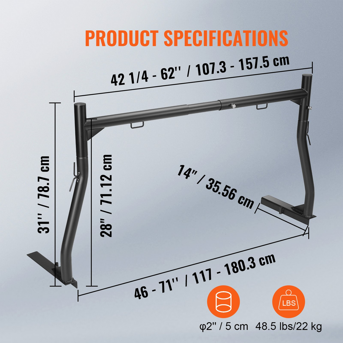VEVOR Truck Rack, 46-71inch Extendable Truck Ladder Rack, 800 lbs Capacity Steel Ladder Rack for Truck with Non-Drilling J-bolts, Heavy Duty Truck Bed Rack for Kayak, Surfboard, Lumber, Ladder