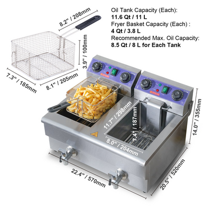 VEVOR Commercial Electric Deep Fryer Countertop Deep Fryer with Dual Tanks 3000W
