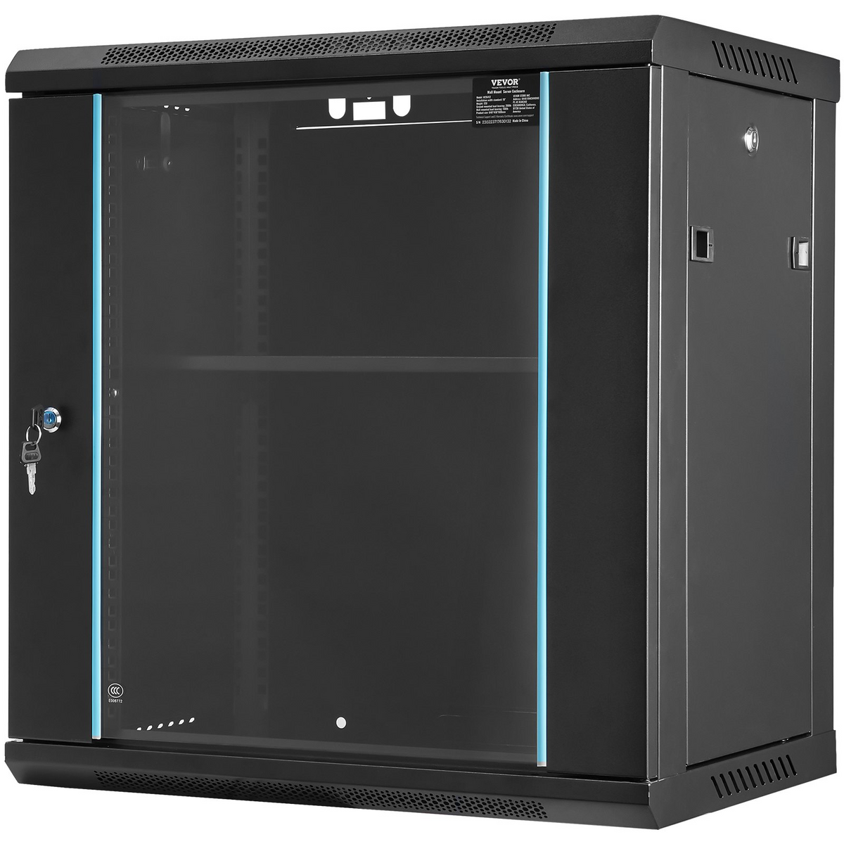 a black cabinet with a glass door