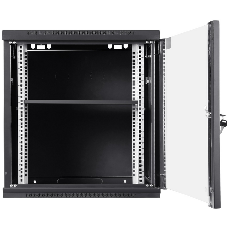 a black metal cabinet with a glass door