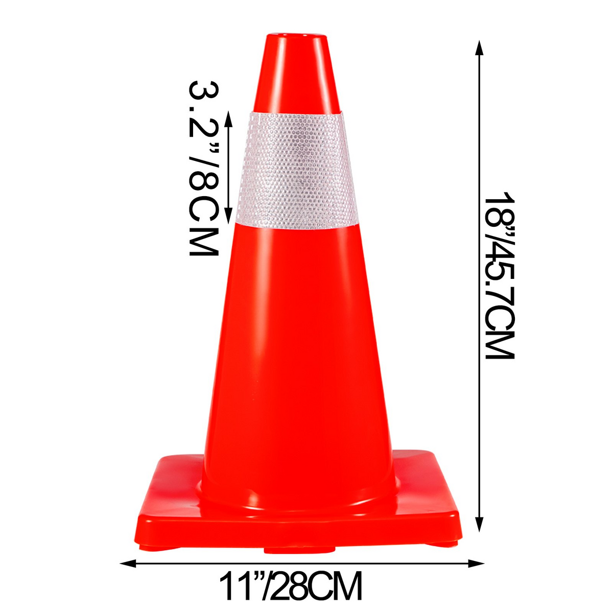 a red cone with sizes and measurements