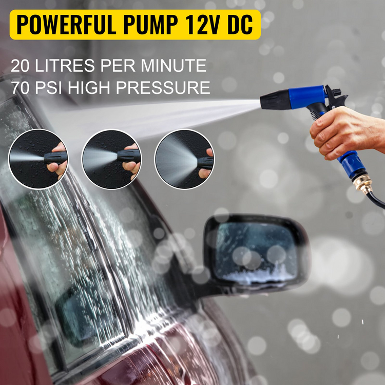 a hand holding a hose with a hose attached to a car