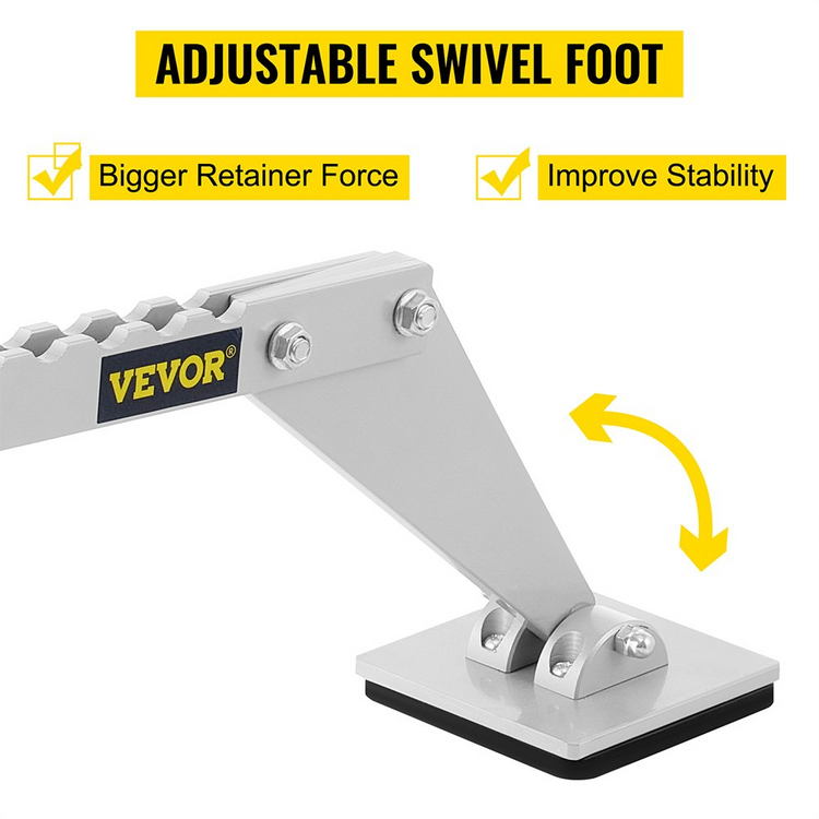 a metal swivel foot with yellow text