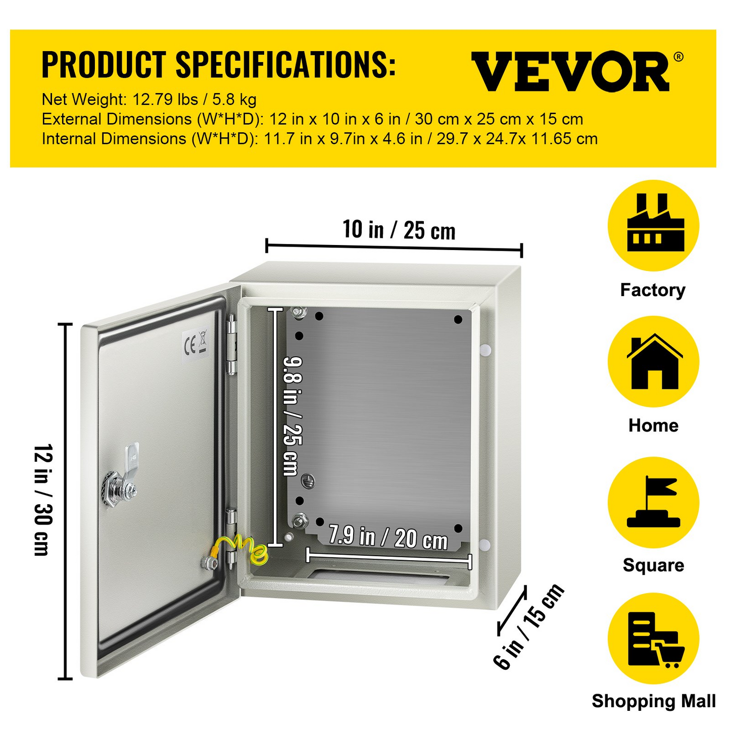 VEVOR NEMA Steel Enclosure, 12 x 10 x 6'' NEMA 4X Steel Electrical Box, IP66 Waterproof & Dustproof, Outdoor/Indoor Electrical Junction Box, with Mounting Plate