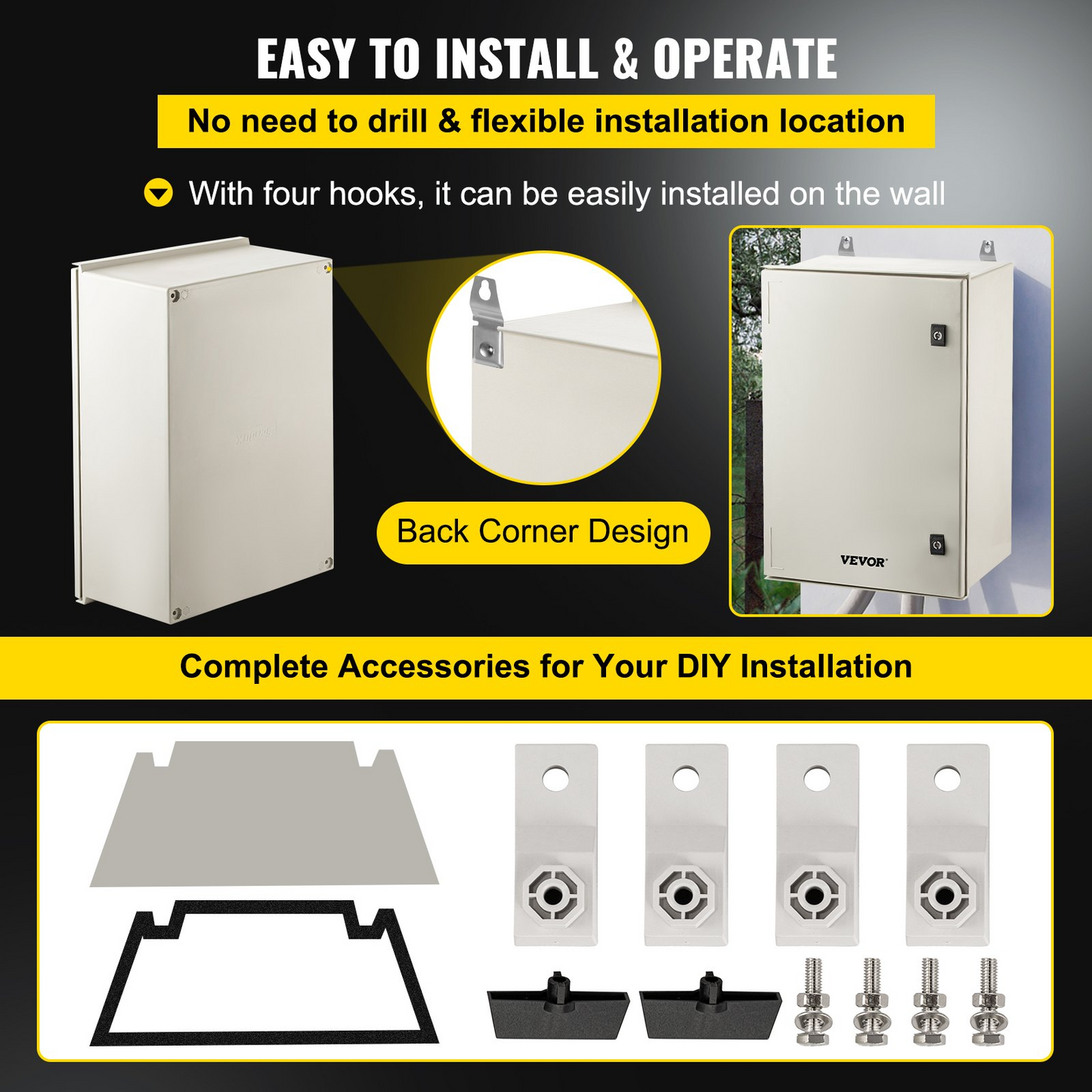 VEVOR NEMA Steel Enclosure, 24 x 16 x 9'' NEMA 4X Fiberglass Electrical Box, IP66 Waterproof & Dustproof, Outdoor/Indoor Electrical Junction Box, with Mounting Plate(60 x 40 x 23 cm)