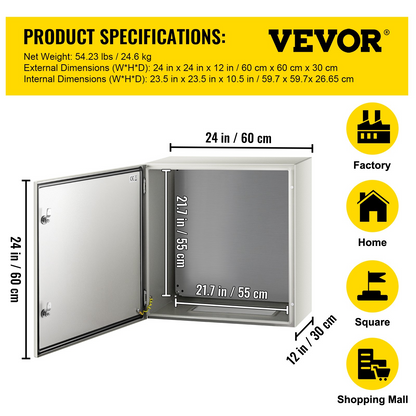 VEVOR NEMA Steel Enclosure, 24 x 24 x 12'' NEMA 4X Steel Electrical Box, IP66 Waterproof & Dustproof, Outdoor/Indoor Electrical Junction Box, with Mounting Plate