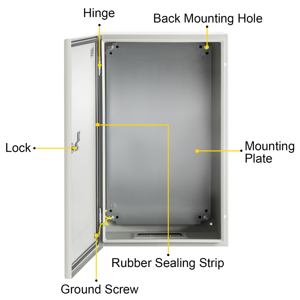 an open metal box with text