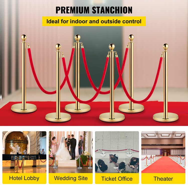 a red carpet with a few gold poles with red rope