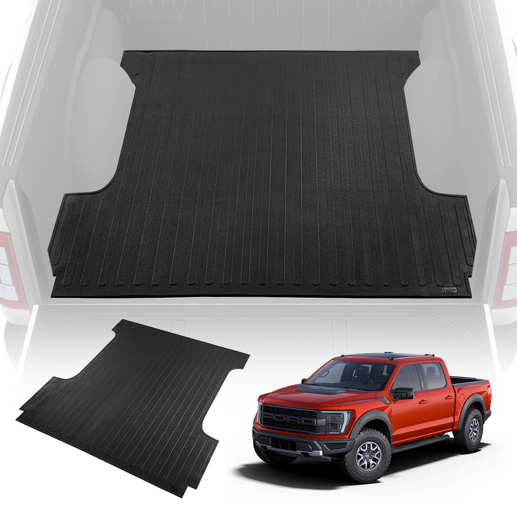a red truck with a black mat