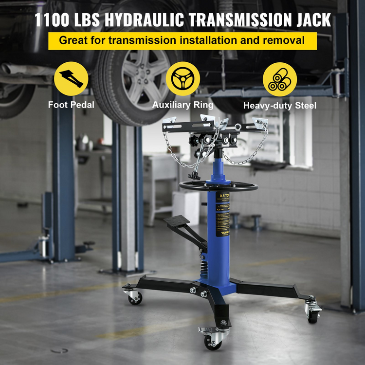 a blue and black vehicle jack in a garage