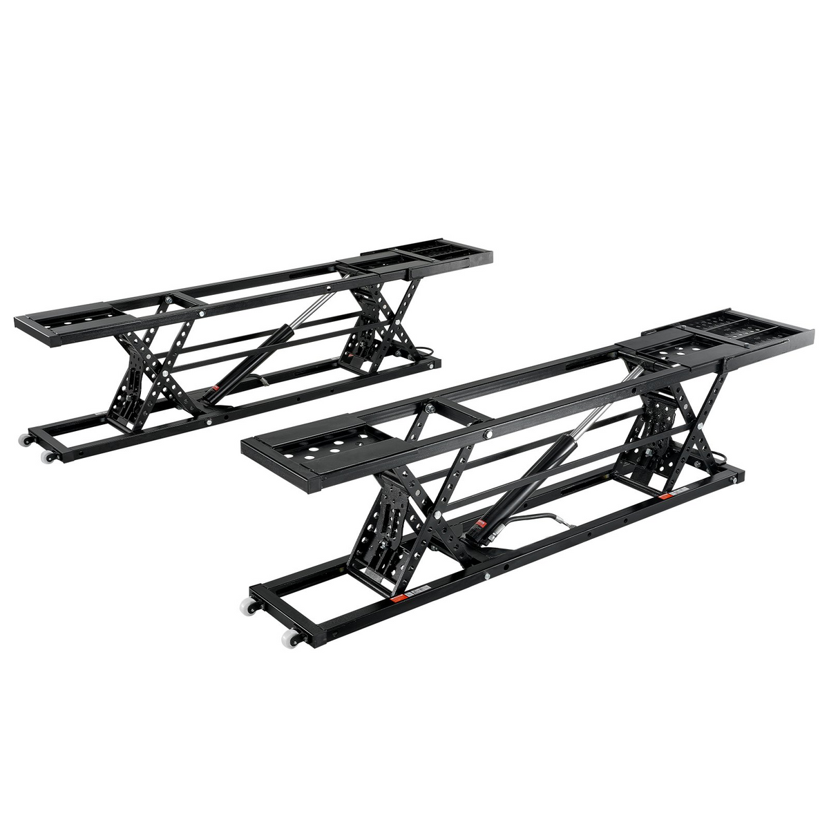a pair of black metal tables