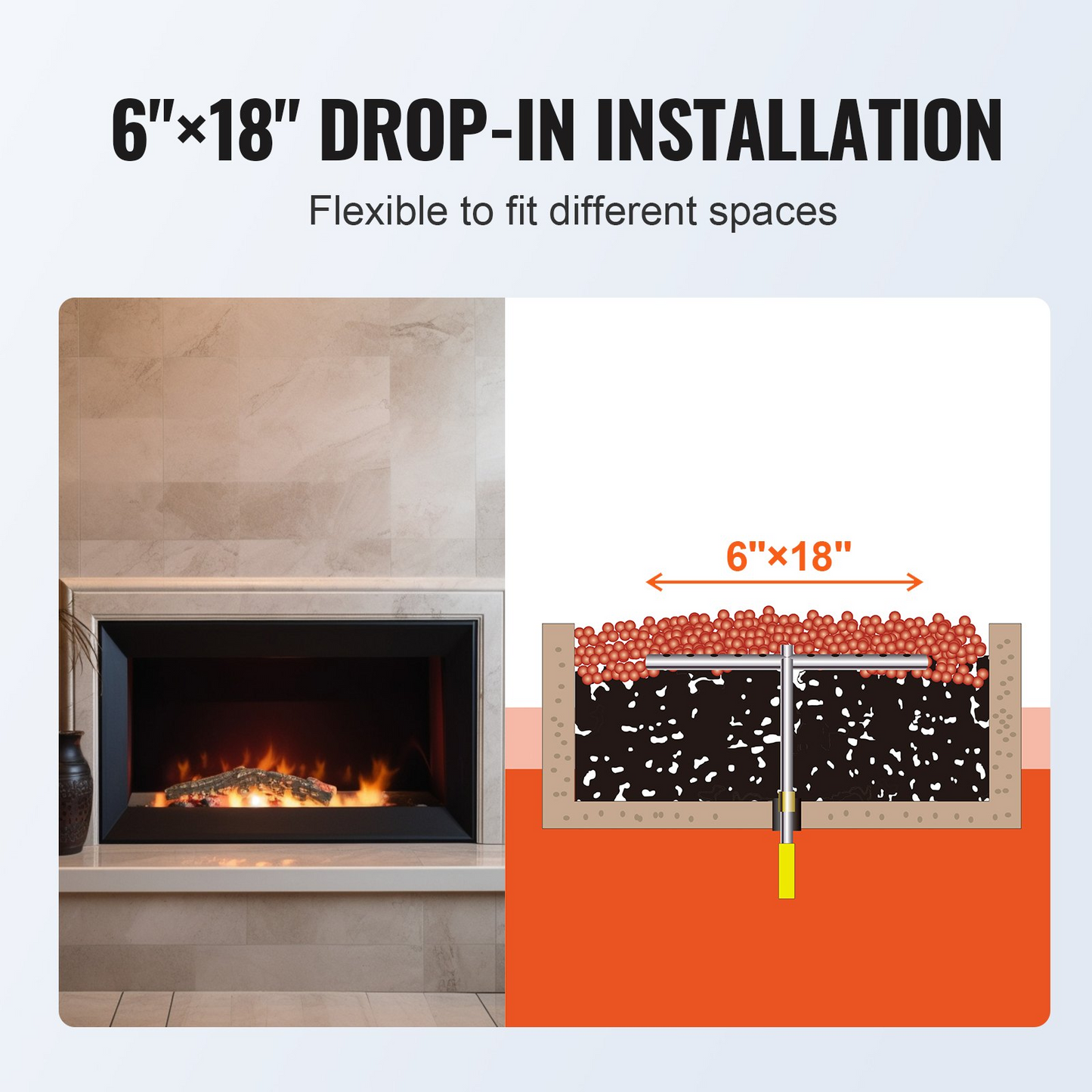 VEVOR 6 x 18 inch Drop-in Fire Pit Pan, Rectangular Stainless Steel Fire Pit Burner, Natural & Propane Gas Fire Pan H-Burner 90,000 BTU for Indoor or Outdoor Use