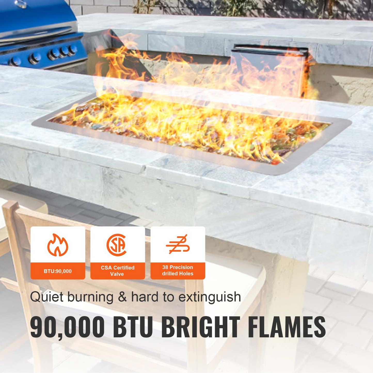 VEVOR 6 x 18 inch Drop-in Fire Pit Pan, Rectangular Stainless Steel Fire Pit Burner, Natural & Propane Gas Fire Pan H-Burner 90,000 BTU for Indoor or Outdoor Use