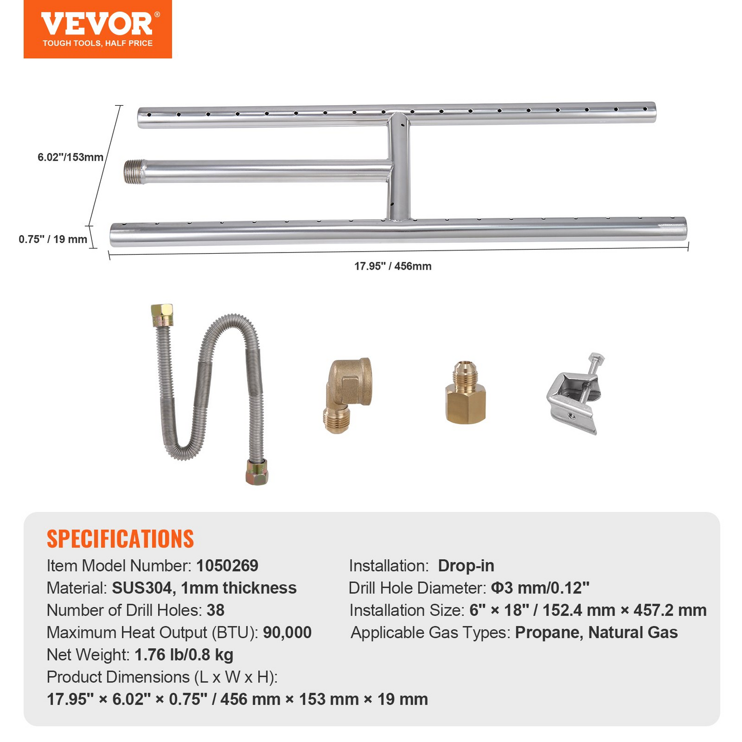 VEVOR 6 x 18 inch Drop-in Fire Pit Pan, Rectangular Stainless Steel Fire Pit Burner, Natural & Propane Gas Fire Pan H-Burner 90,000 BTU for Indoor or Outdoor Use