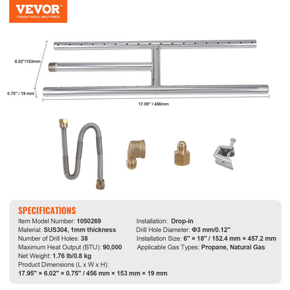 VEVOR 6 x 18 inch Drop-in Fire Pit Pan, Rectangular Stainless Steel Fire Pit Burner, Natural & Propane Gas Fire Pan H-Burner 90,000 BTU for Indoor or Outdoor Use