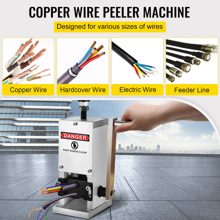 a hand pressing a wire peeler machine
